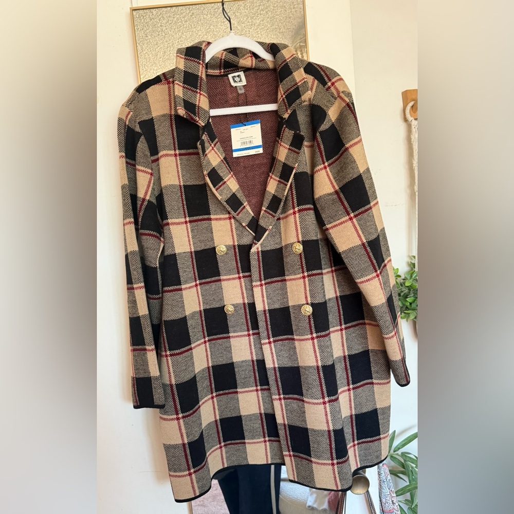 Anne Klein Black and Tan Checkered Trench Coat